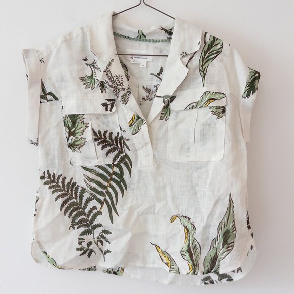 Anthropologie 100% Linen Utility Shirt, Tropical Print Cropped Relaxed Fit - Picture 1 of 9